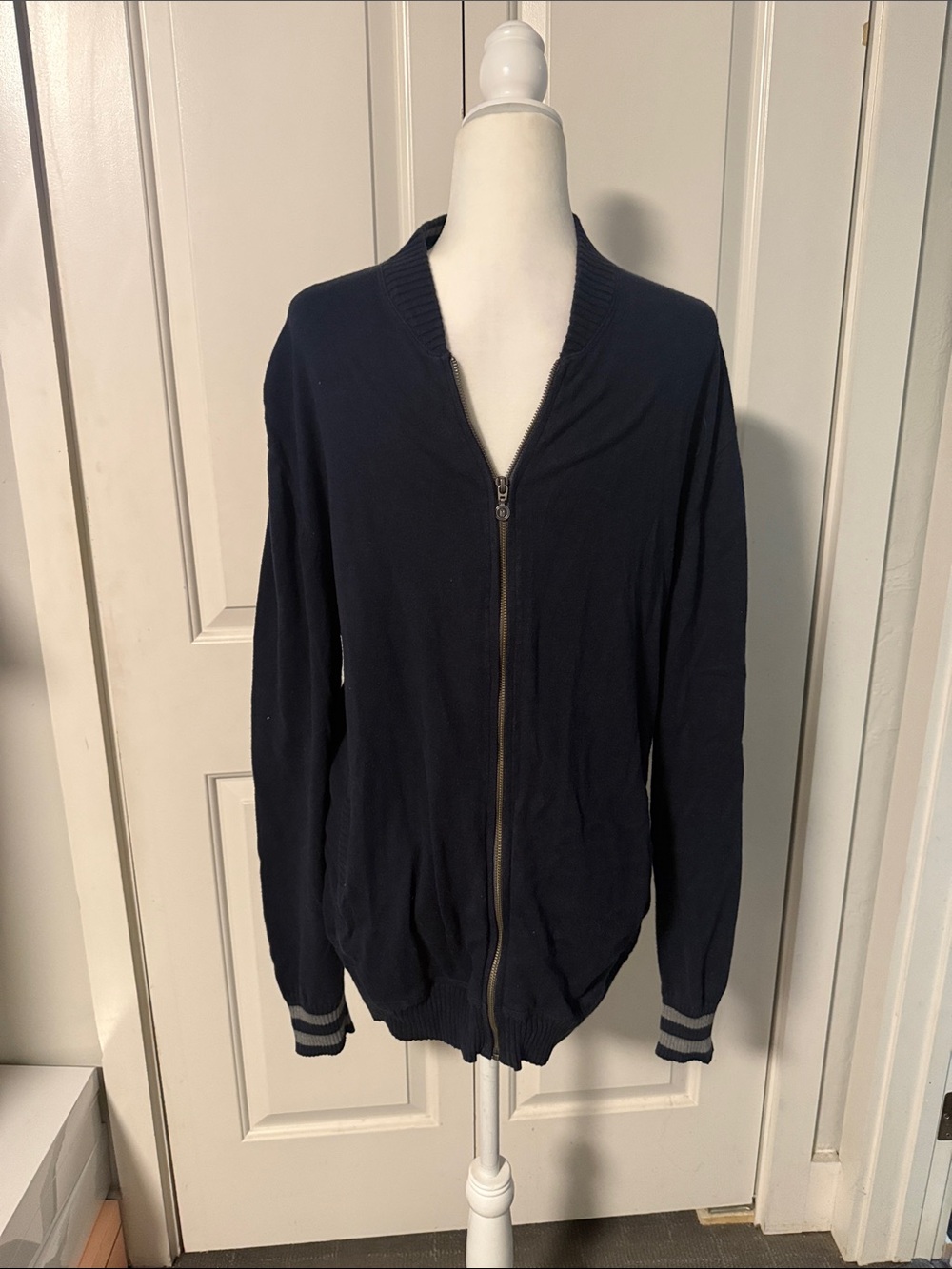 Linksoul Navy Zip-Up Bomber Jacket with Striped Cuffs